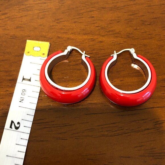 Cute Red Silver Tone Hoop Earrings. - Picture 9 of 10